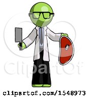 Poster, Art Print Of Green Doctor Scientist Man Holding Large Steak With Butcher Knife