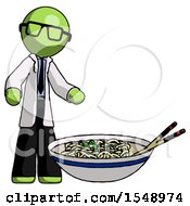 Poster, Art Print Of Green Doctor Scientist Man And Noodle Bowl Giant Soup Restaraunt Concept