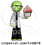 Green Doctor Scientist Man Presenting Pink Cupcake To Viewer