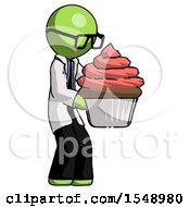 Poster, Art Print Of Green Doctor Scientist Man Holding Large Cupcake Ready To Eat Or Serve
