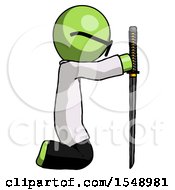Poster, Art Print Of Green Doctor Scientist Man Kneeling With Ninja Sword Katana Showing Respect