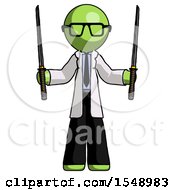 Green Doctor Scientist Man Posing With Two Ninja Sword Katanas Up