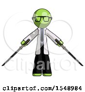 Green Doctor Scientist Man Posing With Two Ninja Sword Katanas