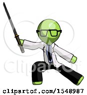 Green Doctor Scientist Man With Ninja Sword Katana In Defense Pose