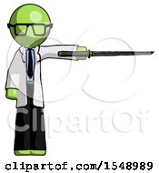 Green Doctor Scientist Man Standing With Ninja Sword Katana Pointing Right