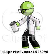 Green Doctor Scientist Man Begger Holding Can Begging Or Asking For Charity Facing Left