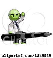Green Doctor Scientist Man Riding A Pen Like A Giant Rocket