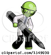 Green Doctor Scientist Man Writing With A Really Big Pen