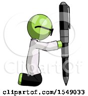 Green Doctor Scientist Man Posing With Giant Pen In Powerful Yet Awkward Manner
