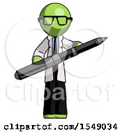 Green Doctor Scientist Man Posing Confidently With Giant Pen