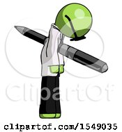 Green Doctor Scientist Man Impaled Through Chest With Giant Pen