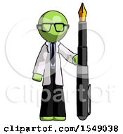 Green Doctor Scientist Man Holding Giant Calligraphy Pen