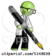 Green Doctor Scientist Man Drawing Or Writing With Large Calligraphy Pen