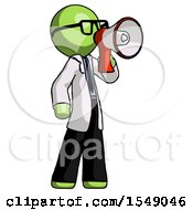 Poster, Art Print Of Green Doctor Scientist Man Shouting Into Megaphone Bullhorn Facing Right
