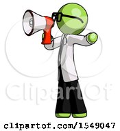 Poster, Art Print Of Green Doctor Scientist Man Shouting Into Megaphone Bullhorn Facing Left