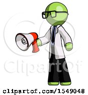 Poster, Art Print Of Green Doctor Scientist Man Holding Megaphone Bullhorn Facing Right