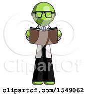 Poster, Art Print Of Green Doctor Scientist Man Reading Book While Standing Up Facing Viewer