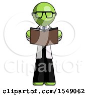 Green Doctor Scientist Man Reading Book While Standing Up Facing Viewer
