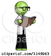 Green Doctor Scientist Man Reading Book While Standing Up Facing Away