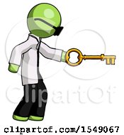 Green Doctor Scientist Man With Big Key Of Gold Opening Something