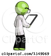 Poster, Art Print Of Green Doctor Scientist Man Looking At Tablet Device Computer Facing Away