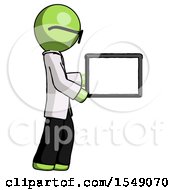 Poster, Art Print Of Green Doctor Scientist Man Show Tablet Device Computer To Viewer Blank Area