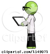 Poster, Art Print Of Green Doctor Scientist Man Looking At Tablet Device Computer With Back To Viewer