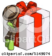 Poster, Art Print Of Green Explorer Ranger Man Leaning On Gift With Red Bow Angle View