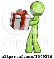 Green Design Mascot Man Presenting A Present With Large Red Bow On It