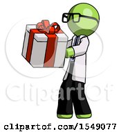 Green Doctor Scientist Man Presenting A Present With Large Red Bow On It