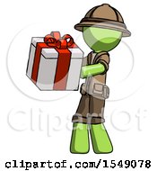 Poster, Art Print Of Green Explorer Ranger Man Presenting A Present With Large Red Bow On It