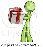 Green Design Mascot Woman Presenting A Present With Large Red Bow On It