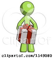 Green Design Mascot Man Gifting Present With Large Bow Front View