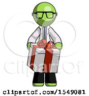 Green Doctor Scientist Man Gifting Present With Large Bow Front View