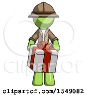 Poster, Art Print Of Green Explorer Ranger Man Gifting Present With Large Bow Front View