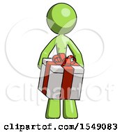 Green Design Mascot Woman Gifting Present With Large Bow Front View
