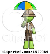 Poster, Art Print Of Green Explorer Ranger Man Holding Umbrella Rainbow Colored