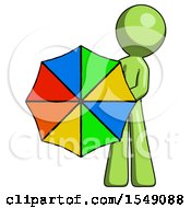 Green Design Mascot Man Holding Rainbow Umbrella Out To Viewer