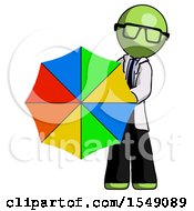 Green Doctor Scientist Man Holding Rainbow Umbrella Out To Viewer