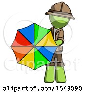 Poster, Art Print Of Green Explorer Ranger Man Holding Rainbow Umbrella Out To Viewer