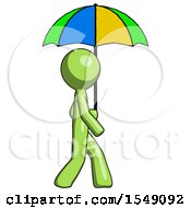 Poster, Art Print Of Green Design Mascot Man Walking With Colored Umbrella