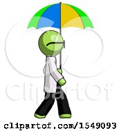 Poster, Art Print Of Green Doctor Scientist Man Walking With Colored Umbrella
