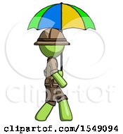 Poster, Art Print Of Green Explorer Ranger Man Walking With Colored Umbrella