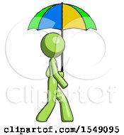 Poster, Art Print Of Green Design Mascot Woman Walking With Colored Umbrella