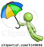 Poster, Art Print Of Green Design Mascot Man Flying With Rainbow Colored Umbrella