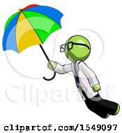 Green Doctor Scientist Man Flying With Rainbow Colored Umbrella