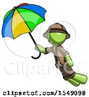 Poster, Art Print Of Green Explorer Ranger Man Flying With Rainbow Colored Umbrella