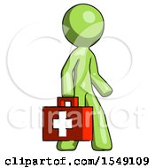 Green Design Mascot Man Walking With Medical Aid Briefcase To Right