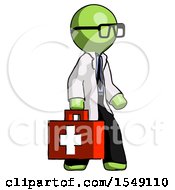 Green Doctor Scientist Man Walking With Medical Aid Briefcase To Right