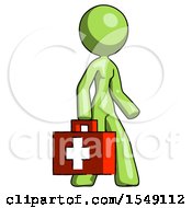 Green Design Mascot Woman Walking With Medical Aid Briefcase To Right